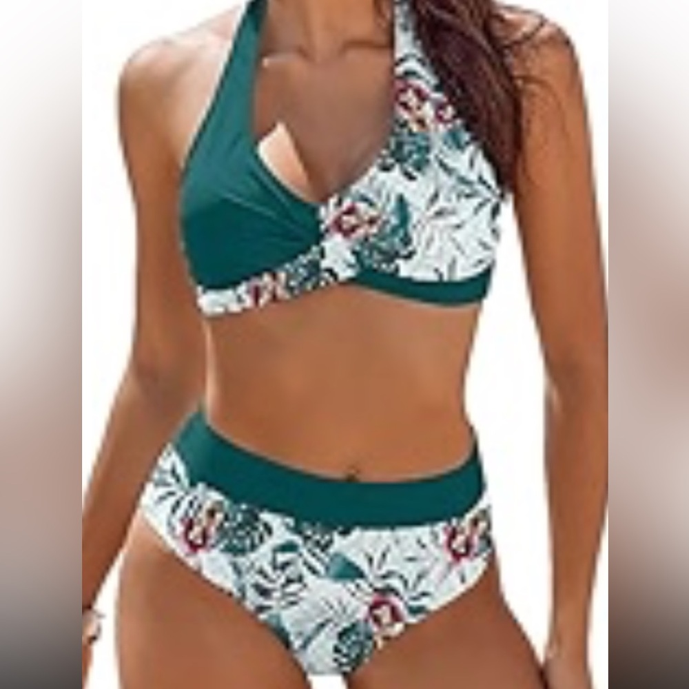 Ai’mage Tropical Print‎ Bikini set front tie halter top high waist bottoms M